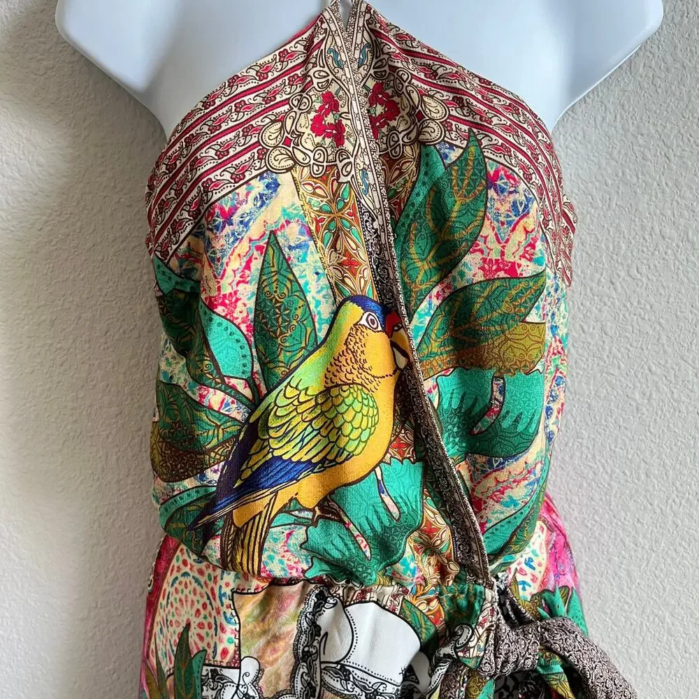 Farm Rio Gayatri Halter Mini Wrap Dress Women's XS Bird Bright Statement Art - Picture 4 of 11